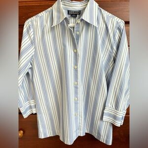 Lands End Blue And White Striped Button Down 3/4 Slit Sleeve Top Blouse Size 6 S